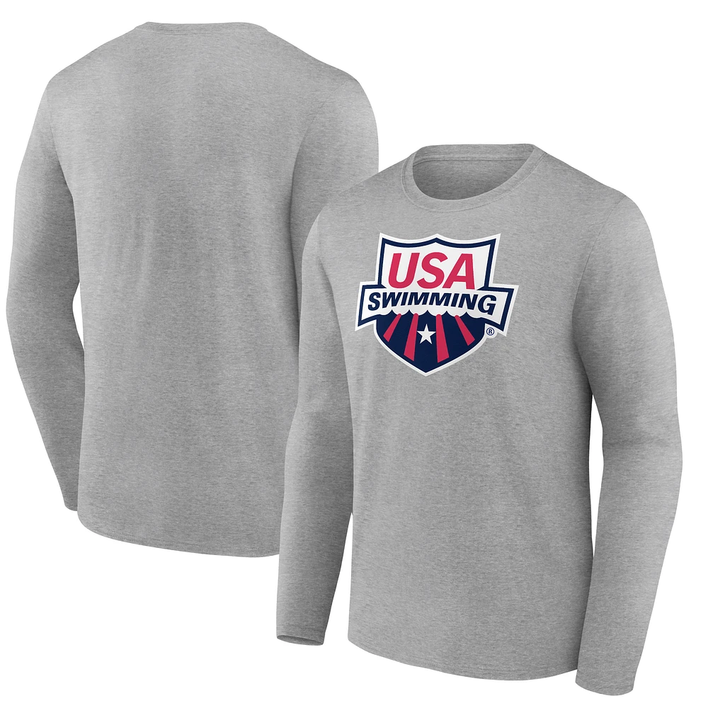 Men's Fanatics Heather Gray USA Swimming Primary Logo Long Sleeve T-Shirt