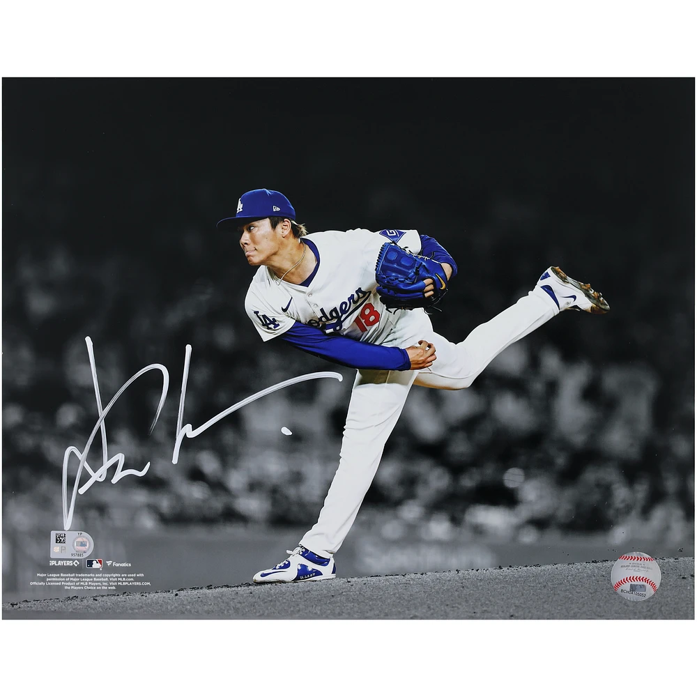 Yoshinobu Yamamoto Los Angeles Dodgers Autographed 11" x 14" Pitching Spotlight Photograph