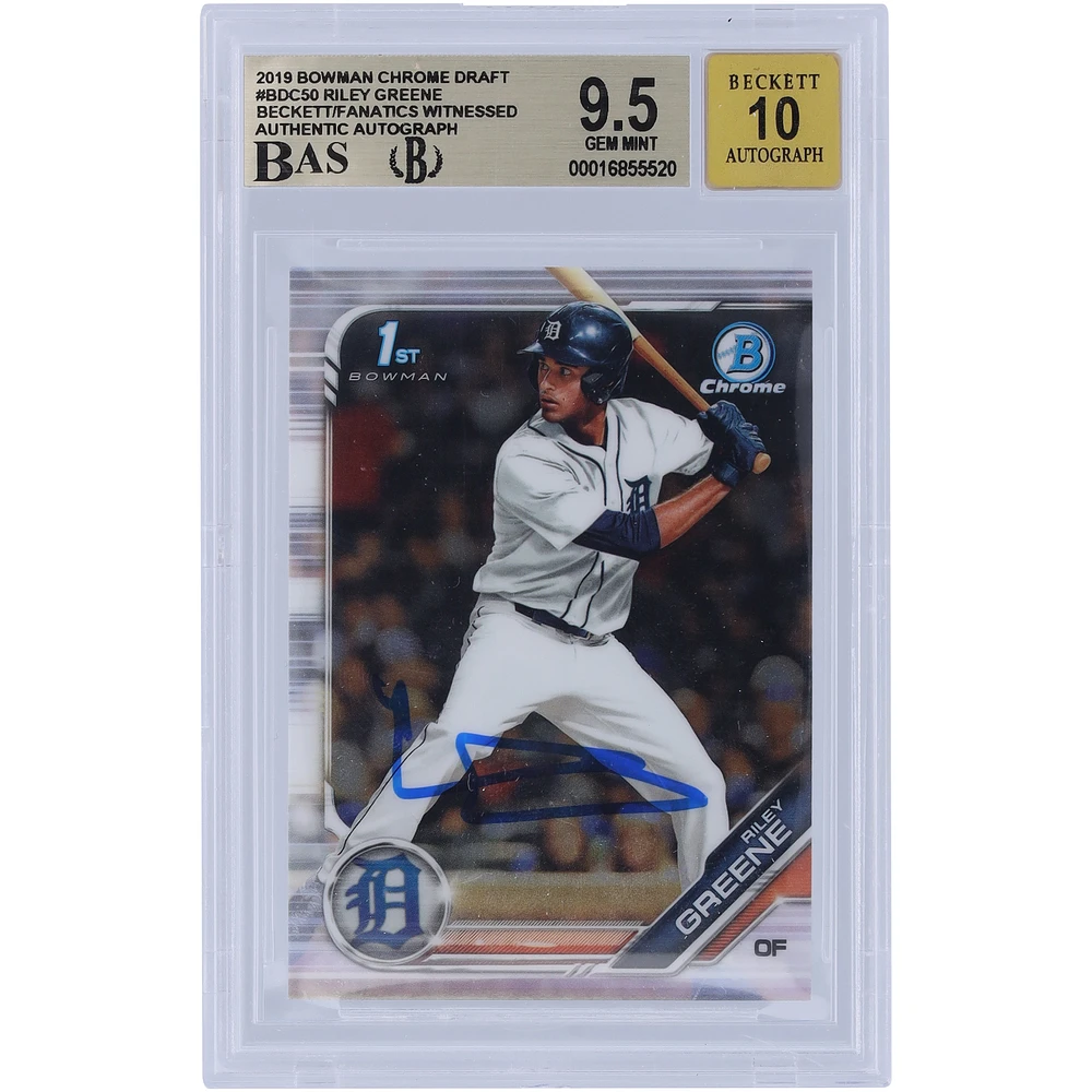 Riley Greene Detroit Tigers Autographed 2019 Bowman Chrome Draft 1st Bowman #BDC-50 Beckett Fanatics Witnessed Authenticated 9.5/10 Card