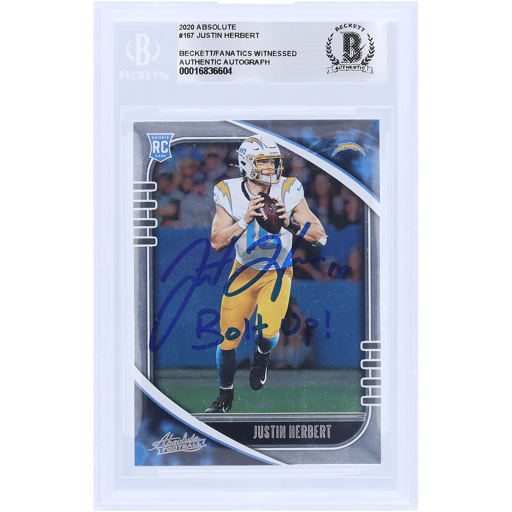 Justin Herbert Los Angeles Chargers Autographed 2020 Panini Absolute #167 Beckett Fanatics Witnessed Authenticated Rookie Card with "Bolt Up!" Inscription