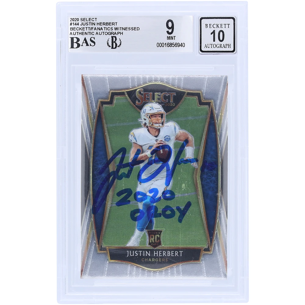 Justin Herbert Los Angeles Chargers Autographed 2020 Panini Select #144 Beckett Fanatics Witnessed Authenticated Rookie Card with "2020 OROY" Inscription
