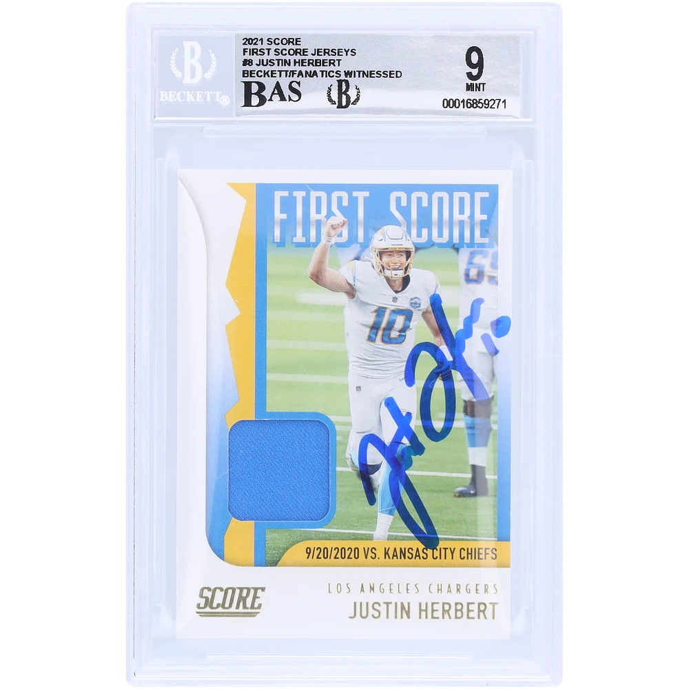 Justin Herbert Los Angeles Chargers Autographed 2021 Panini Score First Score Relic #FS8 Beckett Fanatics Witnessed Authenticated 9/10 Card