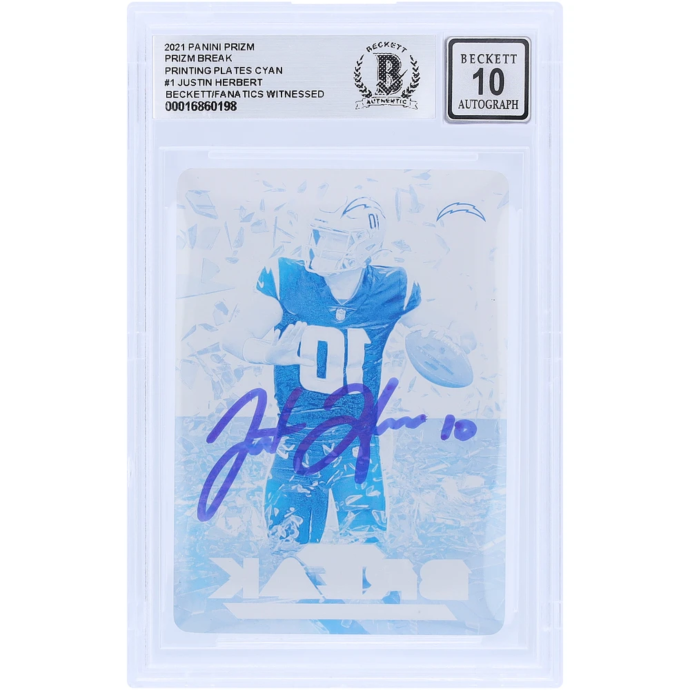 Justin Herbert Los Angeles Chargers Autographed 2021 Panini Prizm Printing Plate #1 #1/1 Beckett Fanatics Witnessed Authenticated 10 Card