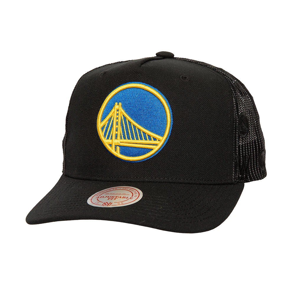 Men's Mitchell & Ness Black Golden State Warriors Monogram Allover Logo Mesh Trucker Adjustable Hat