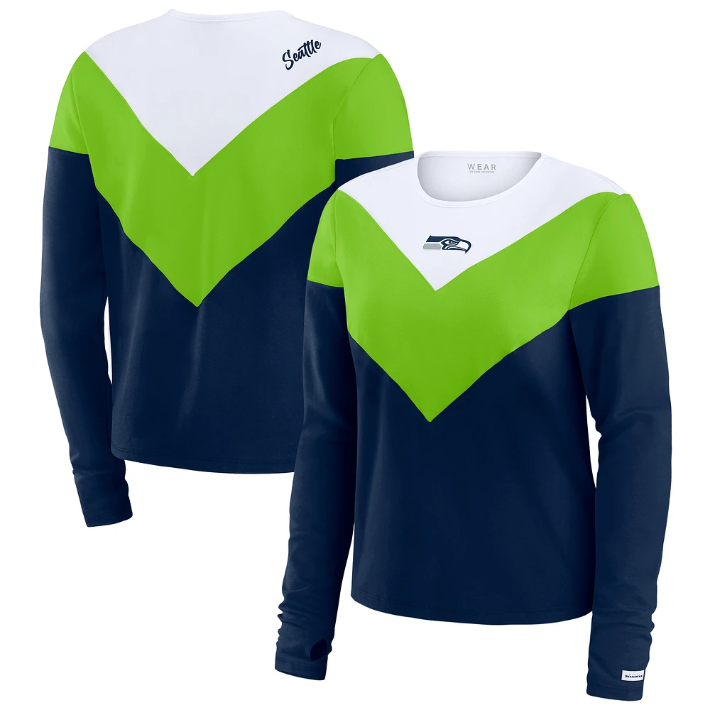 Women's WEAR by Erin Andrews College Navy/Neon Green Seattle Seahawks Plus Chevron Tri-Blend Long Sleeve T-Shirt