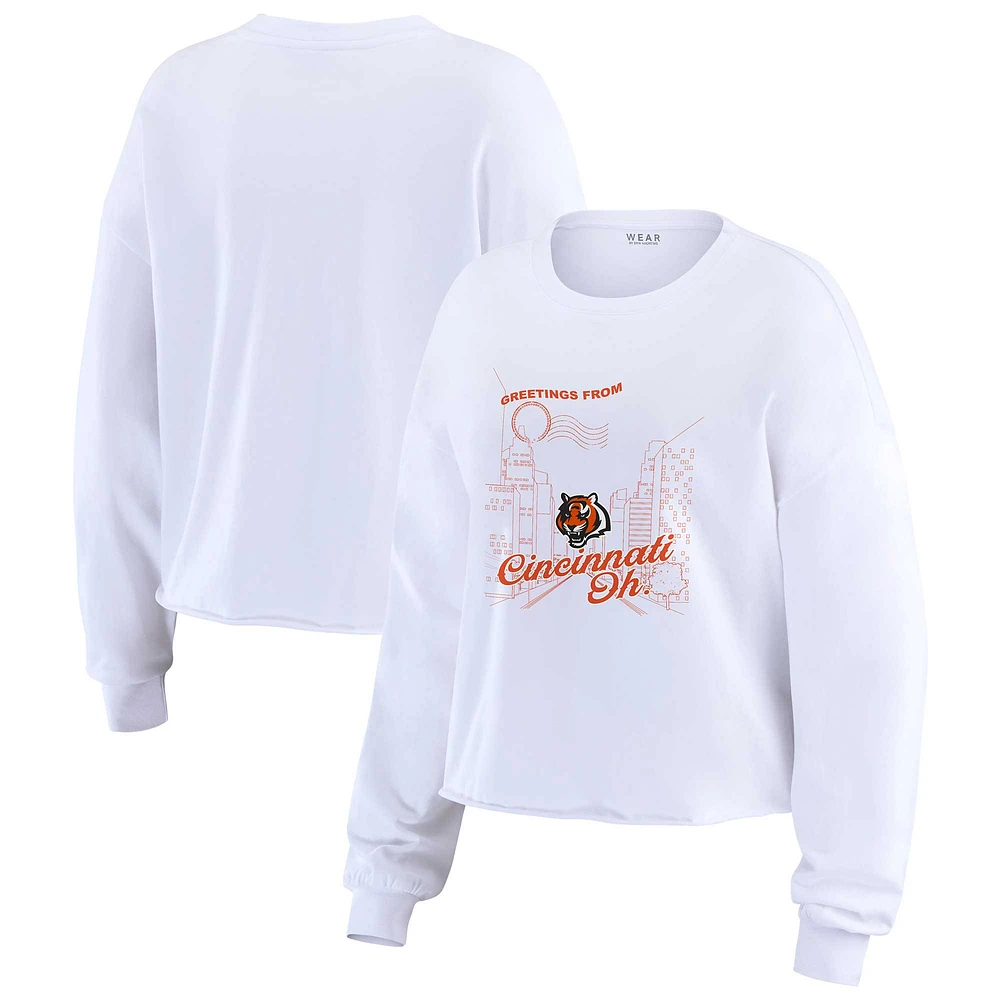 Women's WEAR by Erin Andrews White Cincinnati Bengals Postcard Cropped Long Sleeve Top