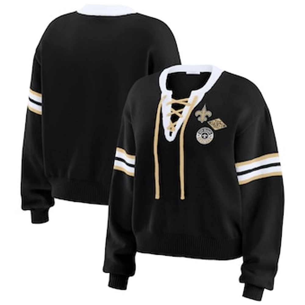 Women's WEAR by Erin Andrews Black New Orleans Saints Lace-Up Sweater