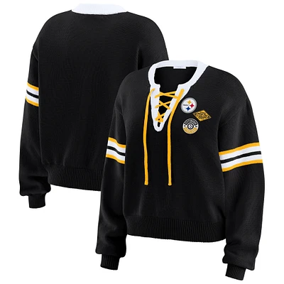 Women's WEAR by Erin Andrews Black Pittsburgh Steelers Lace-Up Sweater