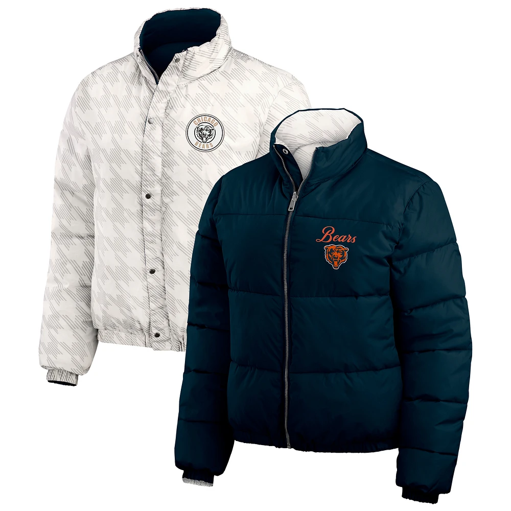 Women's WEAR by Erin Andrews Navy/White Chicago Bears Reversible Cropped Full-Zip Puffer Jacket