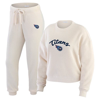 Women's WEAR by Erin Andrews Oatmeal Tennessee Titans Rib-Knit Long Sleeve T-Shirt & Pants Lounge Set