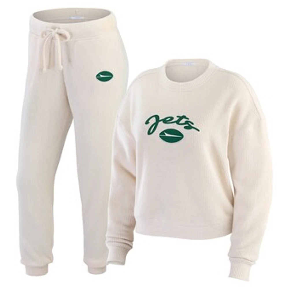 Women's WEAR by Erin Andrews Oatmeal New York Jets Rib-Knit Long Sleeve T-Shirt & Pants Lounge Set