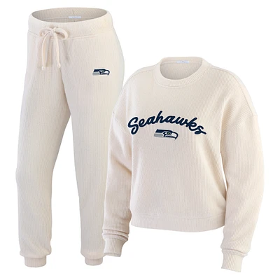 Women's WEAR by Erin Andrews Oatmeal Seattle Seahawks Plus Rib-Knit Long Sleeve T-Shirt & Pants Lounge Set