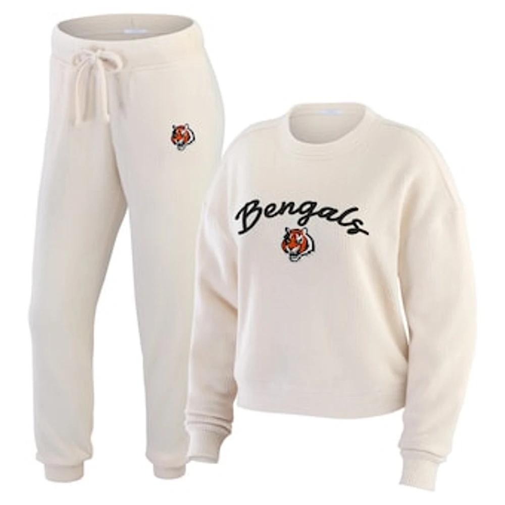 Women's WEAR by Erin Andrews Oatmeal Cincinnati Bengals Plus Size Rib-Knit Long Sleeve T-Shirt & Pants Lounge Set
