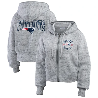 Women's WEAR by Erin Andrews Heather Gray New England Patriots Speckled Fleece Cropped Full-Zip Hoodie