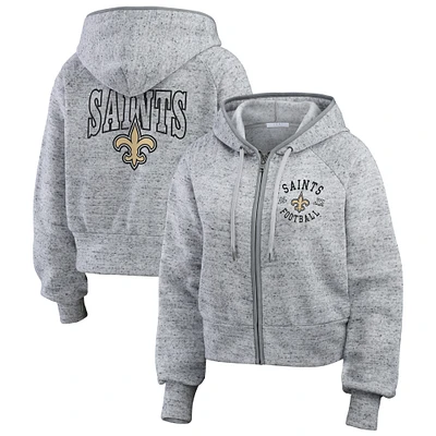 Women's WEAR by Erin Andrews Heather Gray New Orleans Saints Speckled Fleece Cropped Full-Zip Hoodie