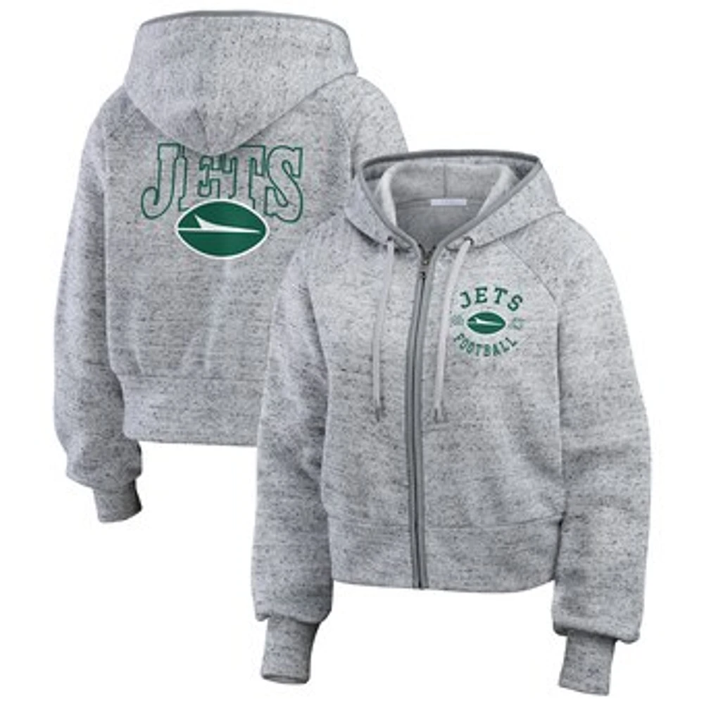 Women's WEAR by Erin Andrews Heather Gray New York Jets Speckled Fleece Cropped Full-Zip Hoodie