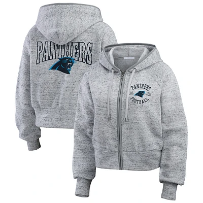 Women's WEAR by Erin Andrews Heather Gray Carolina Panthers Speckled Fleece Cropped Full-Zip Hoodie