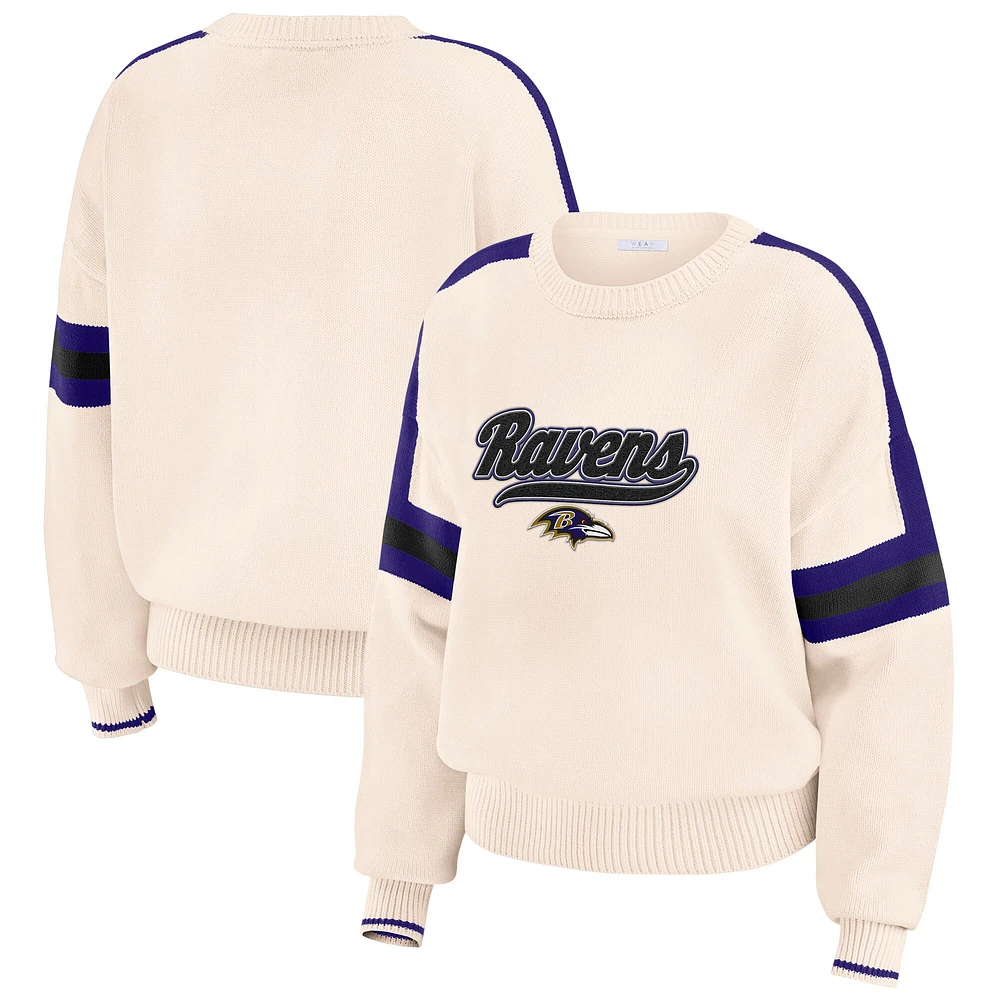 Women's WEAR by Erin Andrews Cream Baltimore Ravens Stripe Pullover Sweater
