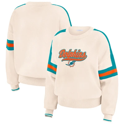 Women's WEAR by Erin Andrews Cream Miami Dolphins Stripe Pullover Sweater
