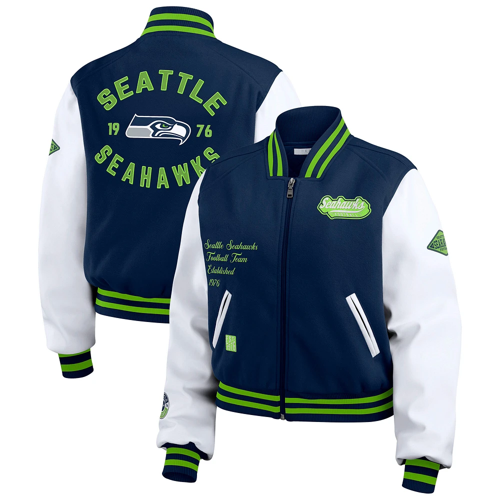 Women's WEAR by Erin Andrews College Navy/White Seattle Seahawks Varsity Full-Zip Jacket