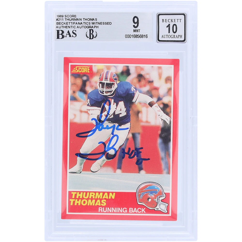 Thurman Thomas Buffalo Bills Autographed 1989 Score #211 Beckett Fanatics Witnessed Authenticated 9/10 Rookie Card with "HOF 07" Inscription