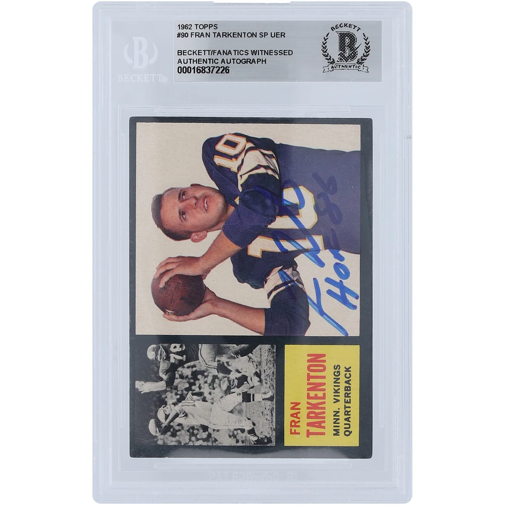 Fran Tarkenton Minnesota Vikings Autographed 1962 Topps #90 Beckett Fanatics Witnessed Authenticated Rookie Card with "HOF 86" Inscription