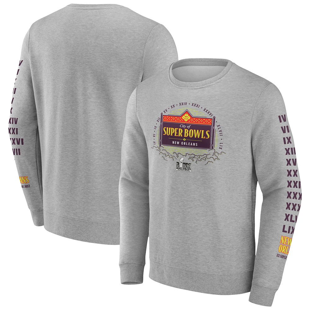 Men's Fanatics Heather Gray Super Bowl LIX Marble Wordmark Fleece Crew Sweatshirt
