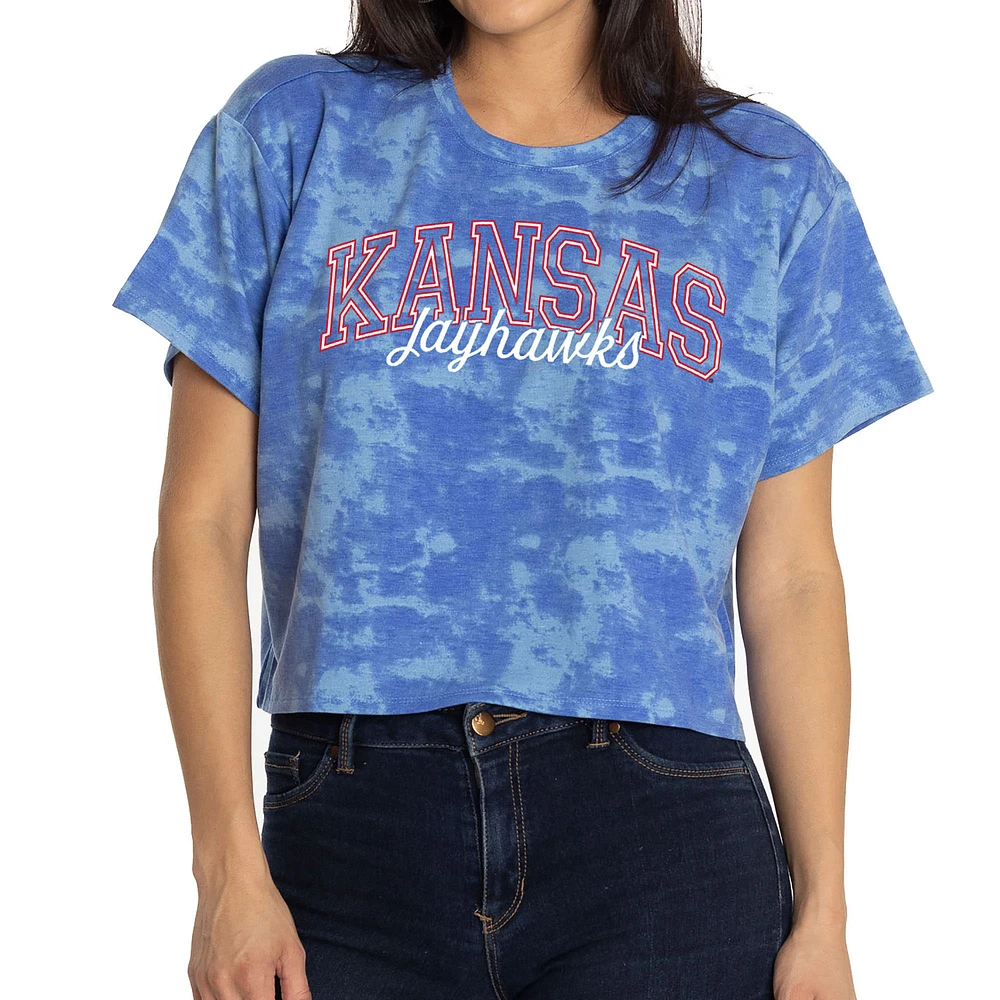 Women's Royal Kansas Jayhawks Kimberly Tie-Dye Tri-Blend Cropped T-Shirt