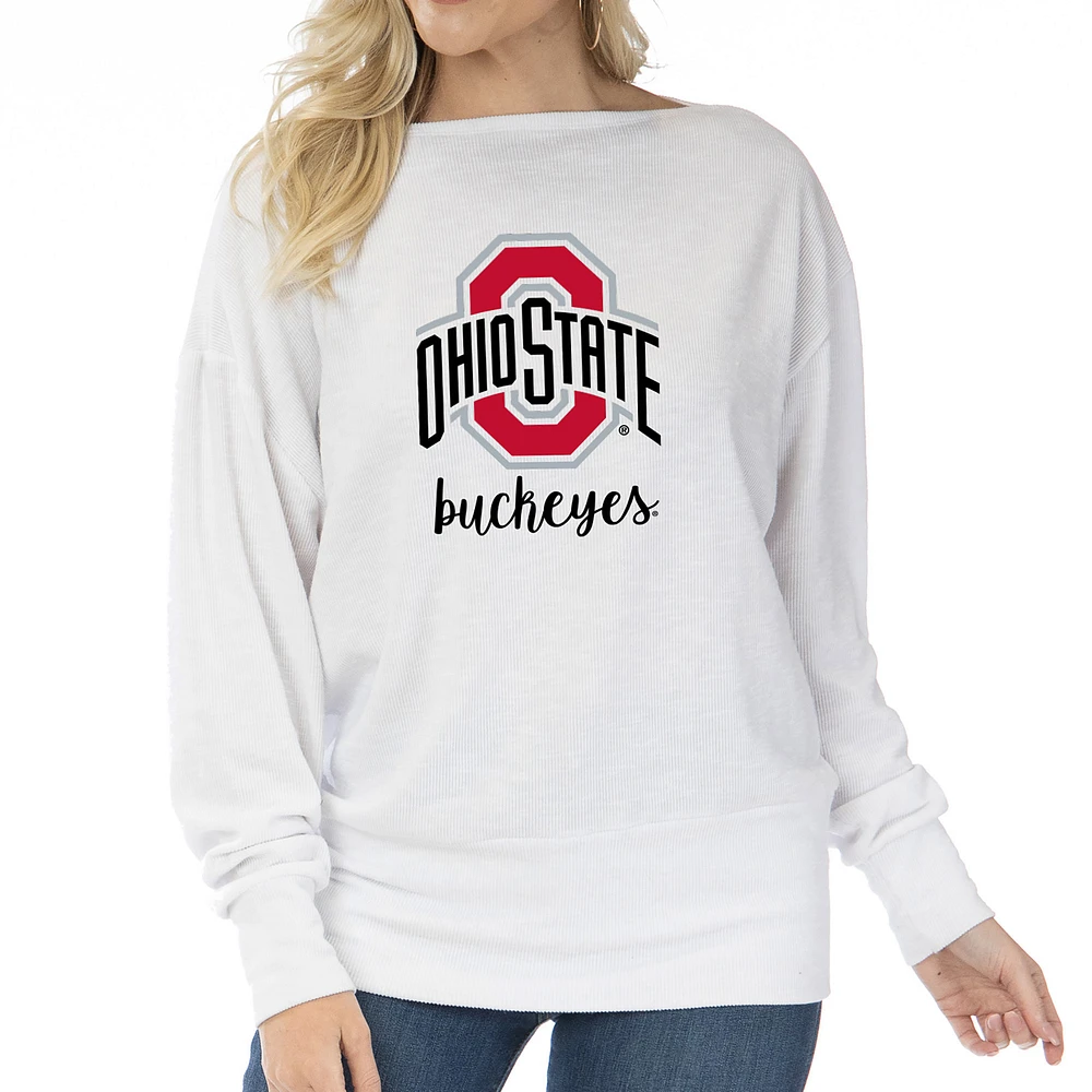 Women's White Ohio State Buckeyes Lainey Ribbed Tunic Tri-Blend Pullover Sweatshirt