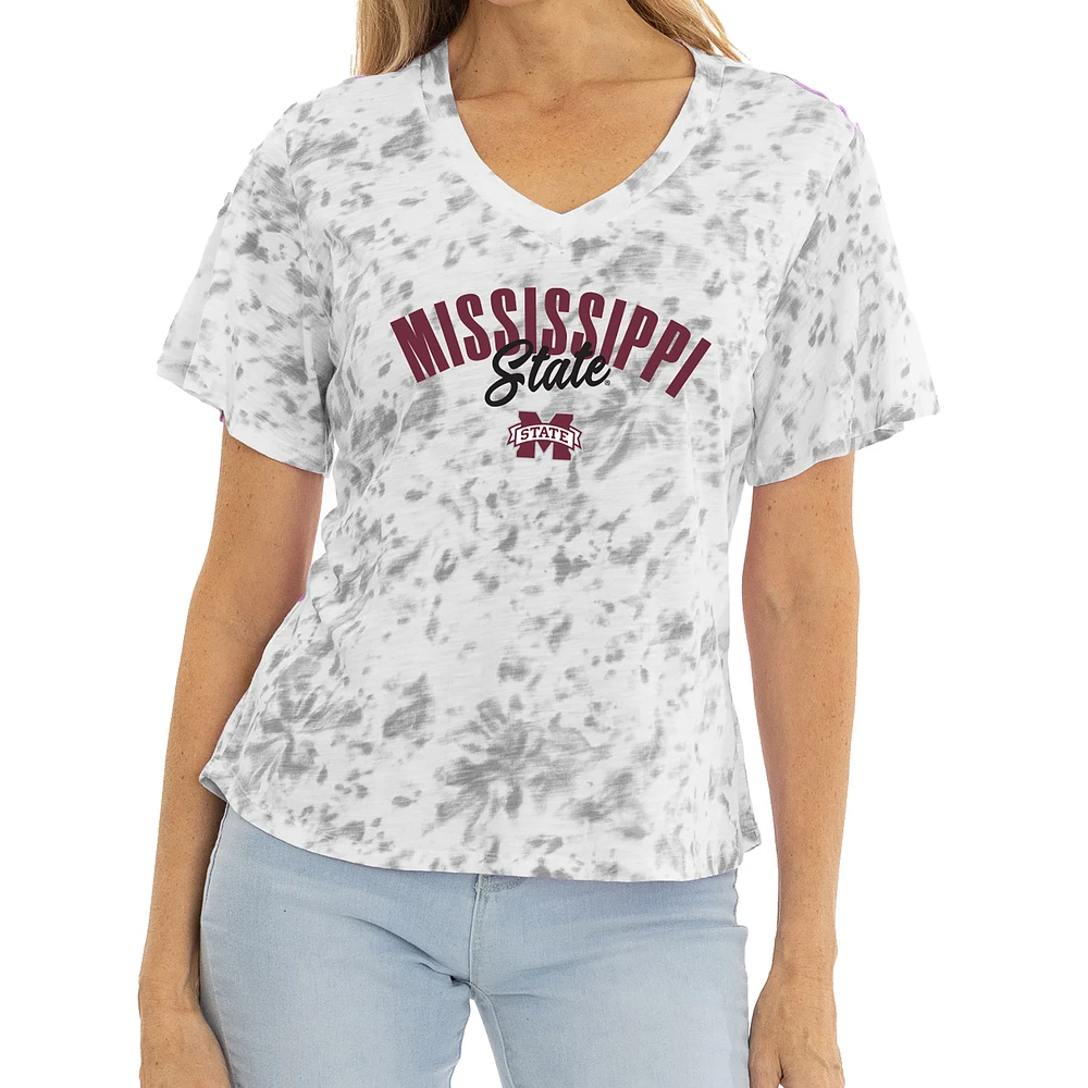Women's White/Gray Mississippi State Bulldogs Faye Tie-Dye V-Neck T-Shirt