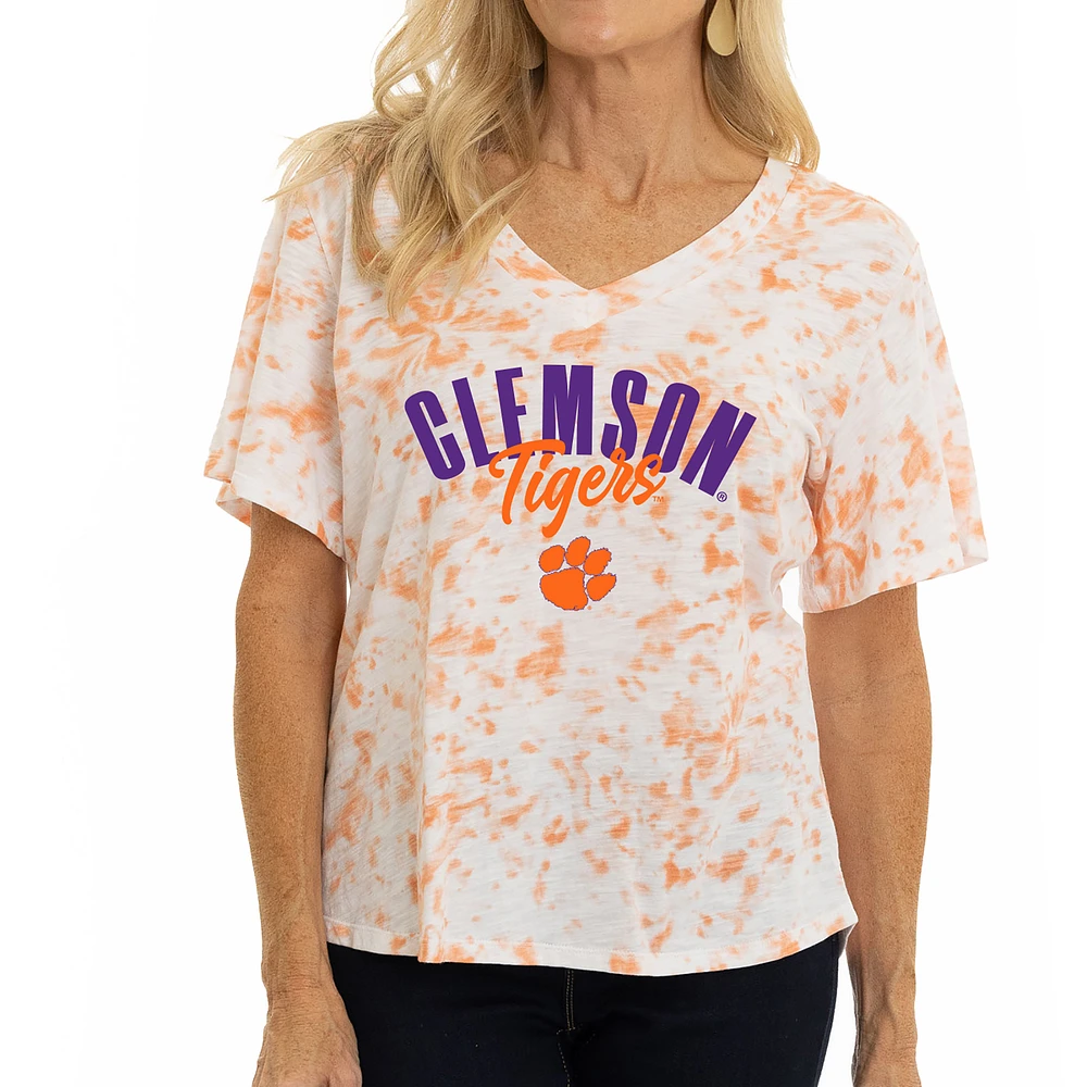Women's White/Orange Clemson Tigers Faye Tie-Dye V-Neck T-Shirt