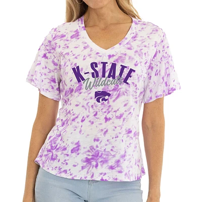 Women's White/Purple Kansas State Wildcats Faye Tie-Dye V-Neck T-Shirt