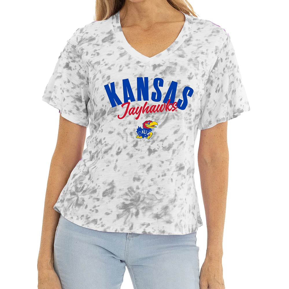Women's White/Gray Kansas Jayhawks Faye Tie-Dye V-Neck T-Shirt