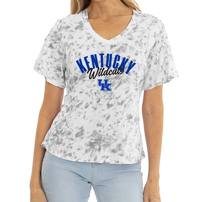 Women's White/Gray Kentucky Wildcats Faye Tie-Dye V-Neck T-Shirt