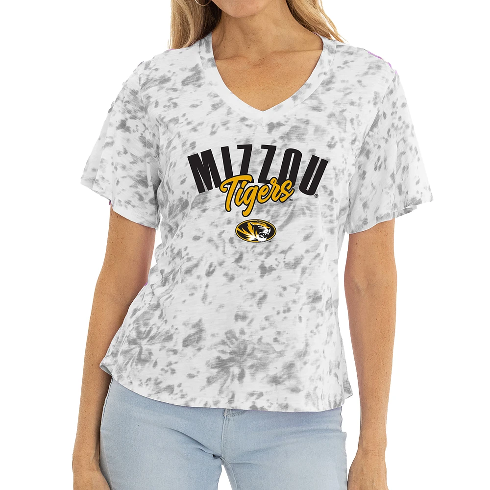 Women's White/Gray Missouri Tigers Faye Tie-Dye V-Neck T-Shirt