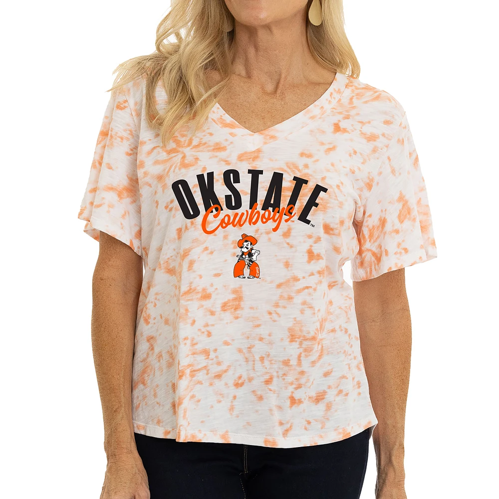 Women's White/Orange Oklahoma State Cowboys Faye Tie-Dye V-Neck T-Shirt
