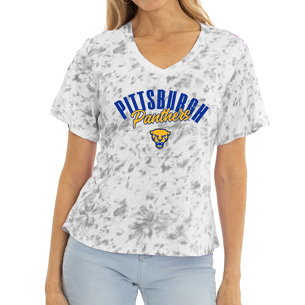 Women's White/Gray Pitt Panthers Faye Tie-Dye V-Neck T-Shirt