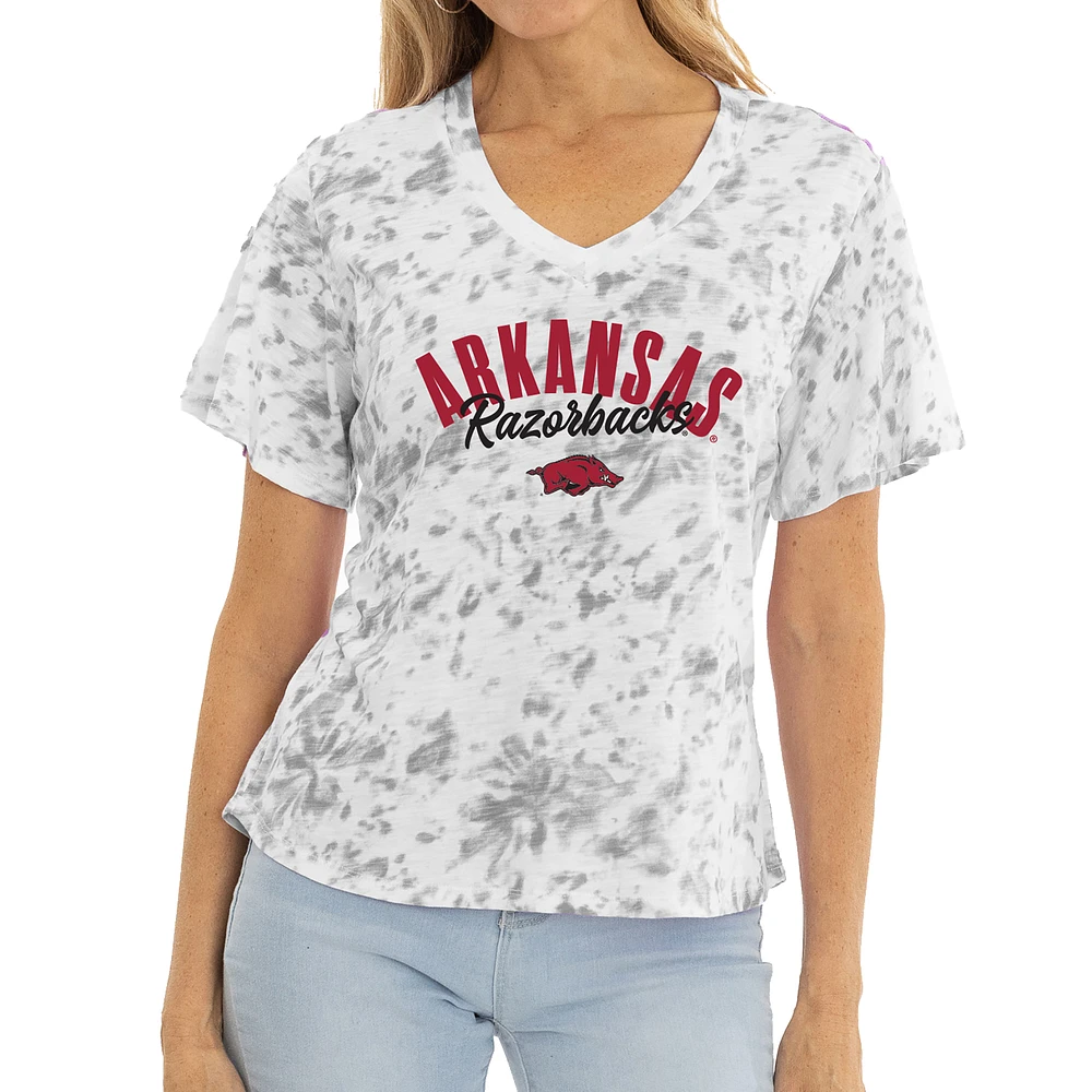 Women's White/Gray Arkansas Razorbacks Faye Tie-Dye V-Neck T-Shirt