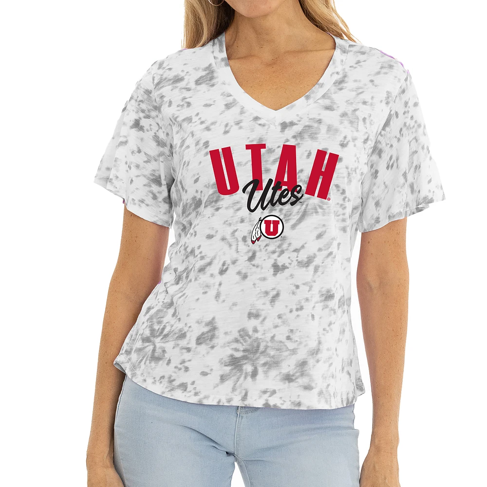 Women's White/Gray Utah Utes Faye Tie-Dye V-Neck T-Shirt