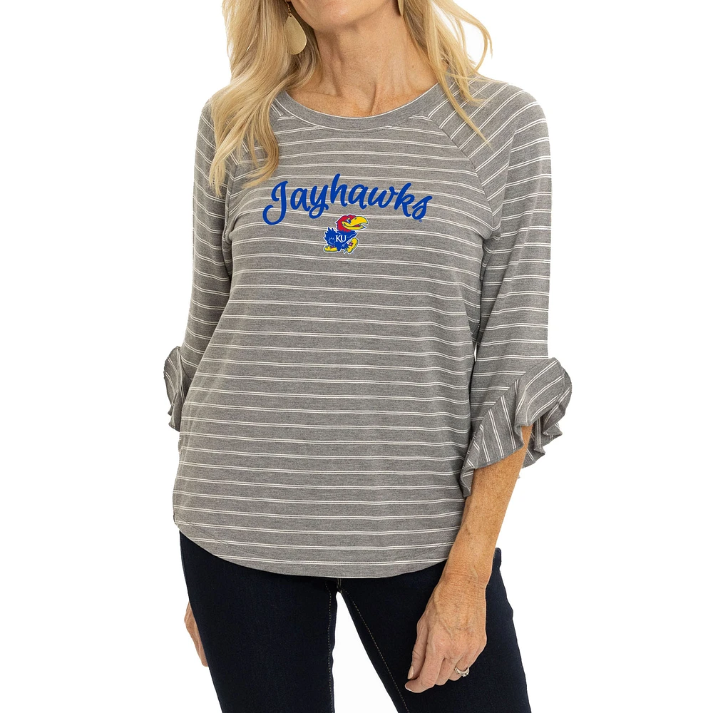 Women's Heather Gray Kansas Jayhawks Renatta Striped Ruffle Sleeve Top