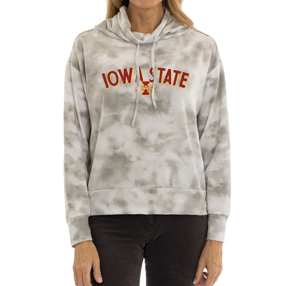 Women's Gray Iowa State Cyclones Maddie Mock Neck Tie-Dye Tri-Blend Pullover Hoodie