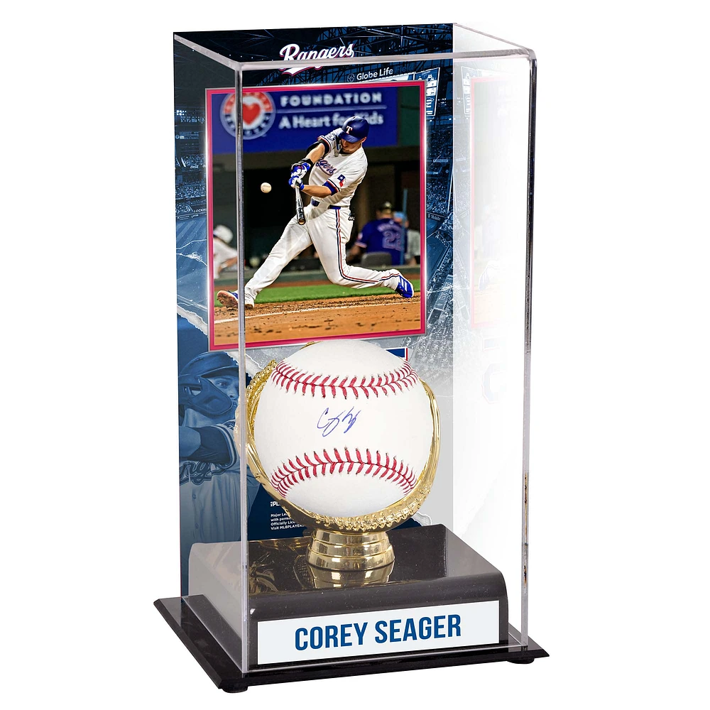 Corey Seager Texas Rangers Autographed Baseball and Sublimated Gold Glove Display Case with Image