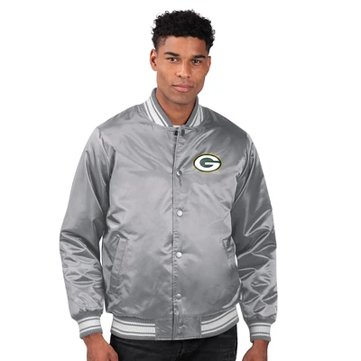 Men's Starter Gray Green Bay Packers Printed Team Logo Satin Varsity Full-Snap Jacket