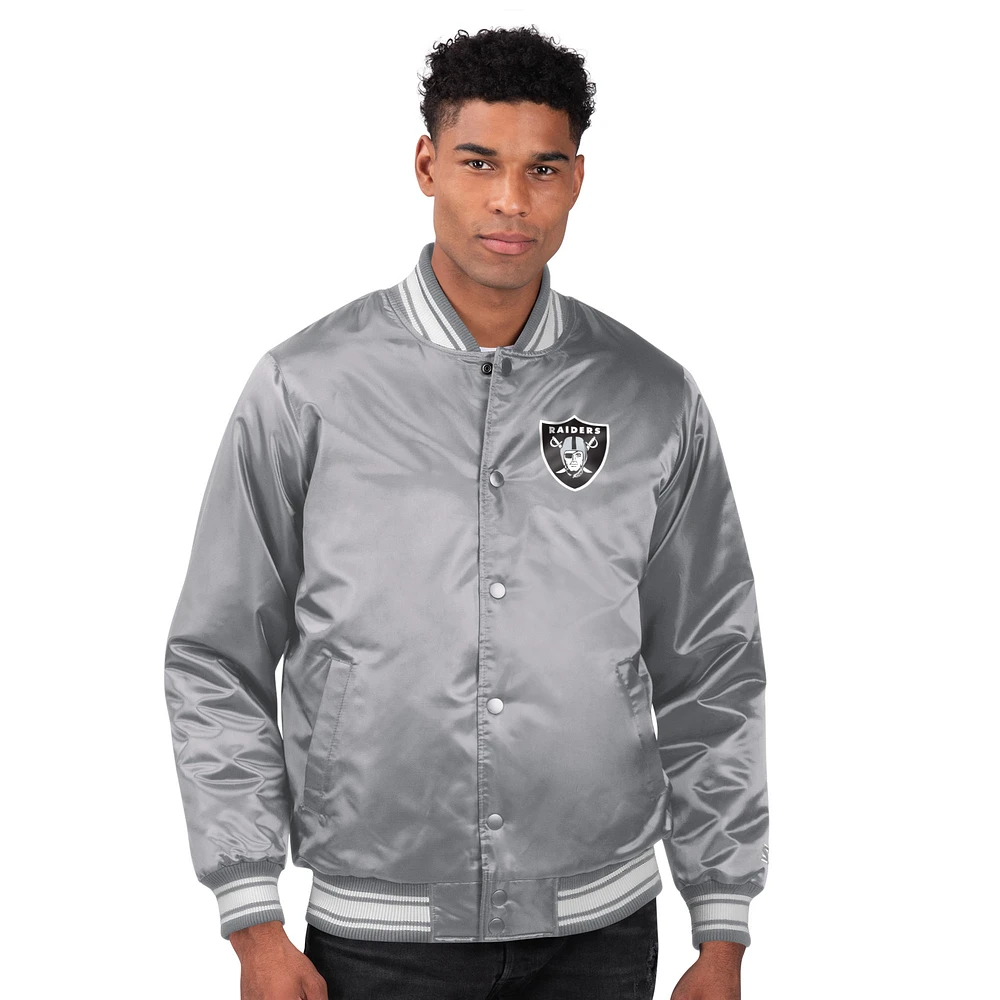 Men's Starter Gray Las Vegas Raiders Printed Team Logo Satin Varsity Full-Snap Jacket
