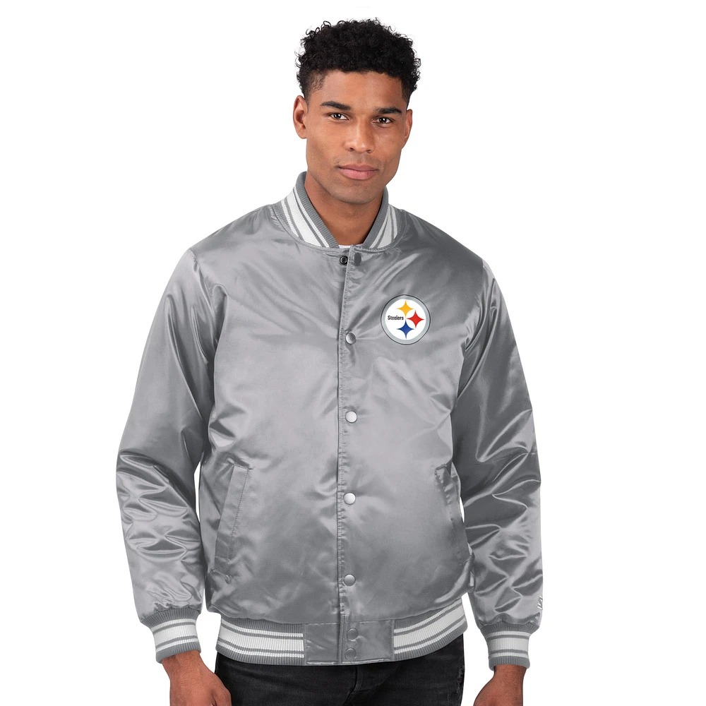 Men's Starter Gray Pittsburgh Steelers Printed Team Logo Satin Varsity Full-Snap Jacket