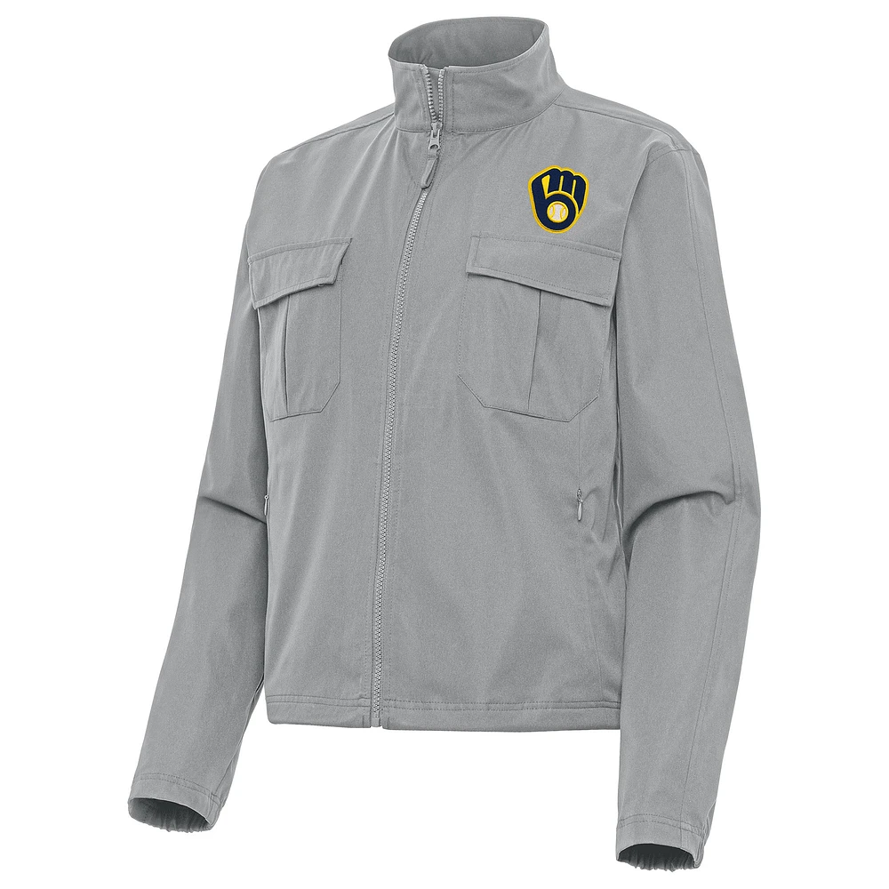 Women's Antigua Gray Milwaukee Brewers Even Par Full-Zip Jacket