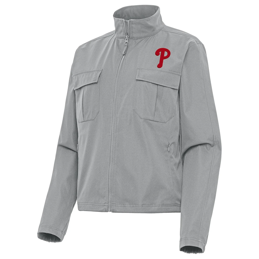 Women's Antigua Gray Philadelphia Phillies Even Par Full-Zip Jacket