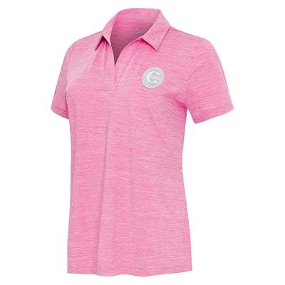 Women's Antigua Heather Pink Chicago Cubs Layout V-Neck Polo