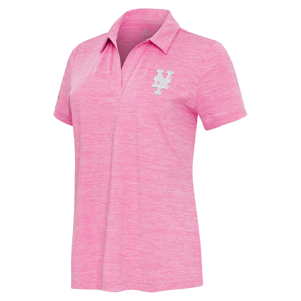 Women's Antigua Heather Pink New York Mets Layout V-Neck Polo