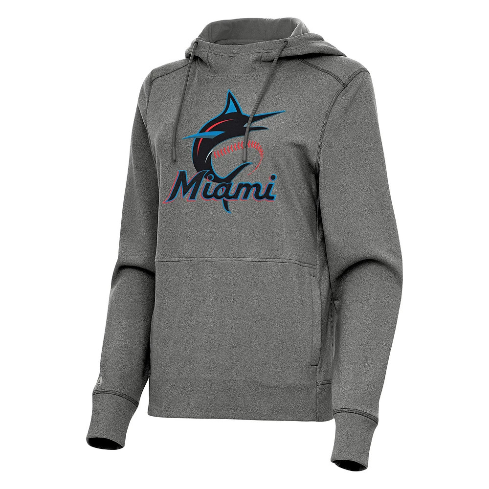 Women's Antigua Heather Black Miami Marlins Justice Pullover Hoodie